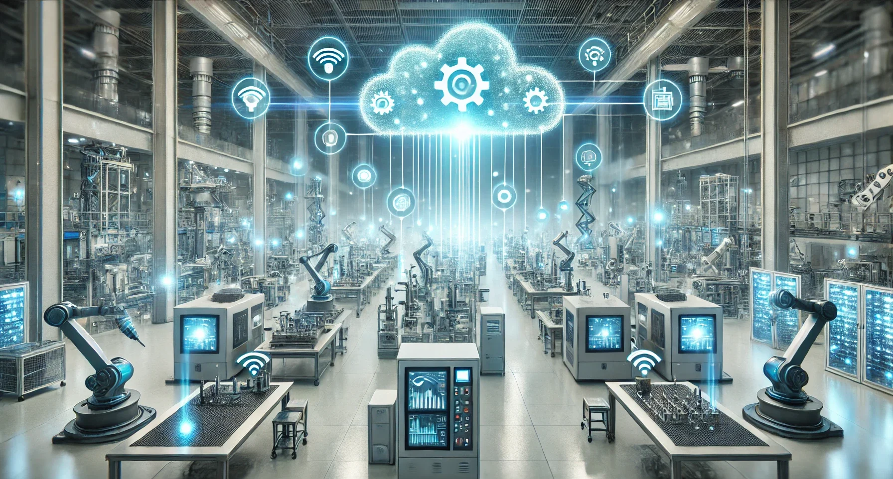 Corvalent DALL·E 2026 03 11 11.30.42 Wide blog header style scene of a modern smart factory floor filled with advanced industrial machines robotic arms CNC equipment and automated conv e1773435895655